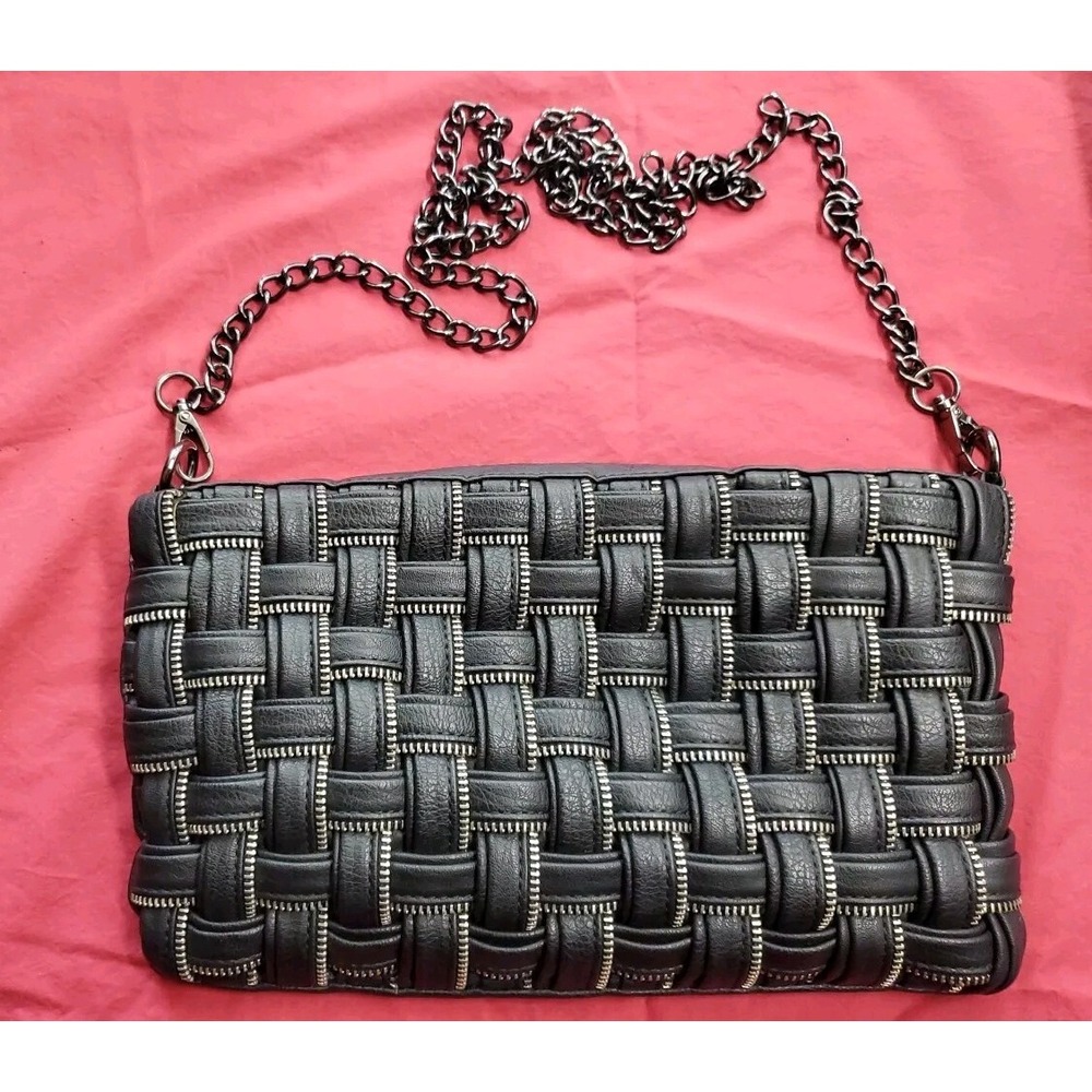 Olivia & Joy Woven Zipper Handbag Faux Chain Removable Strap Metallic Grunge Emo